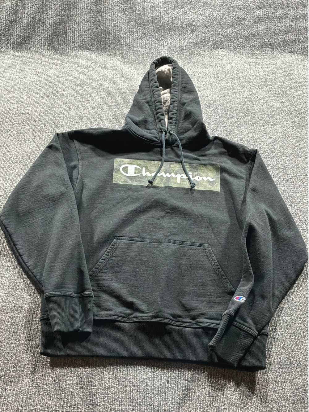 Champion Authentic Athleticwear Black Hoodie with Camo Logo - Size Medium